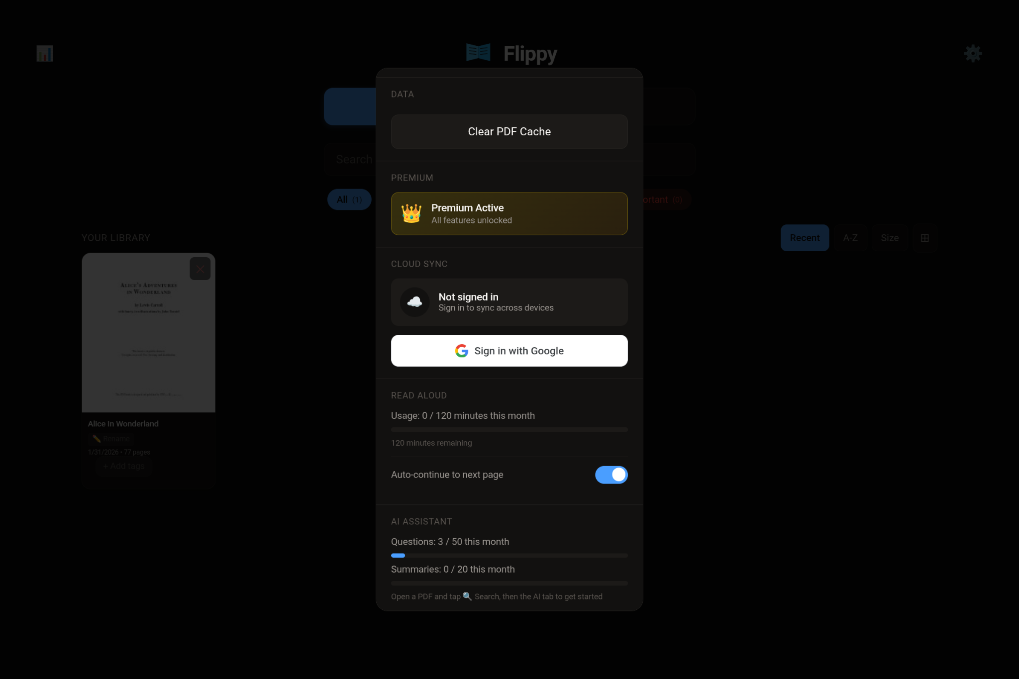 Cloud Sync settings with Google Sign-In